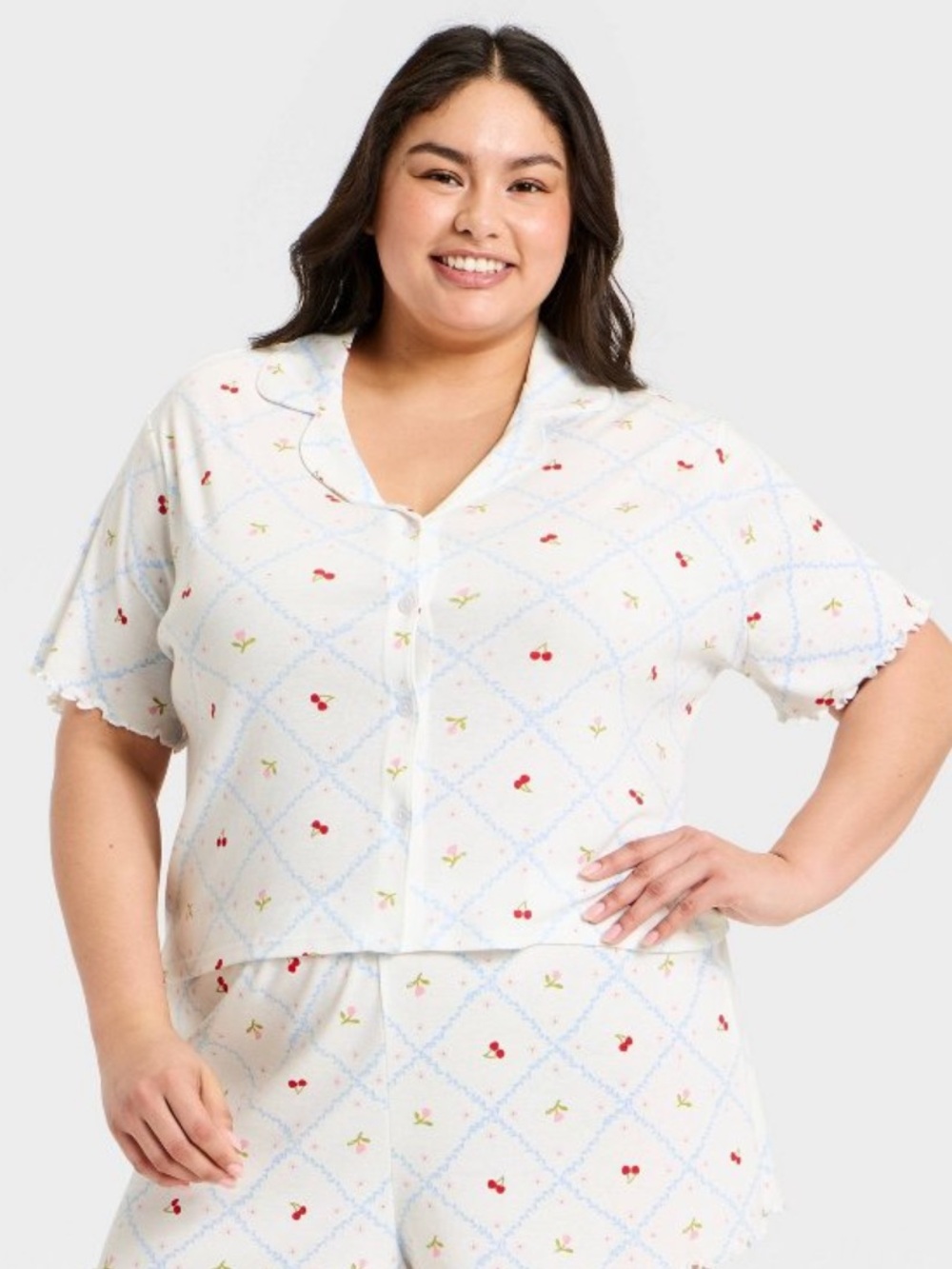 WILD FABLE White Pajama Top with Blue Argyle and Tiny Red Floral Print - Picture 3 of 5